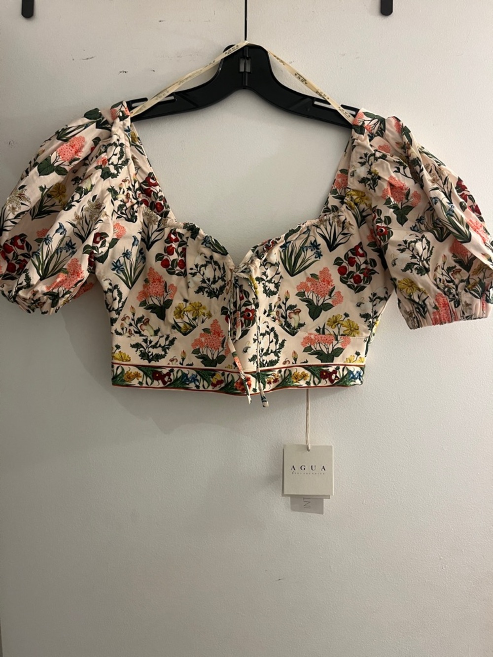 Agua Bendita Cream Floral Puff-Sleeve Tie-Front Crop Top